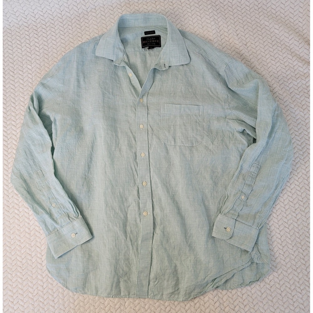 Jos A Bank Reserve 100% Linen Long Sleeve Button Down Green Pattern Size: XL